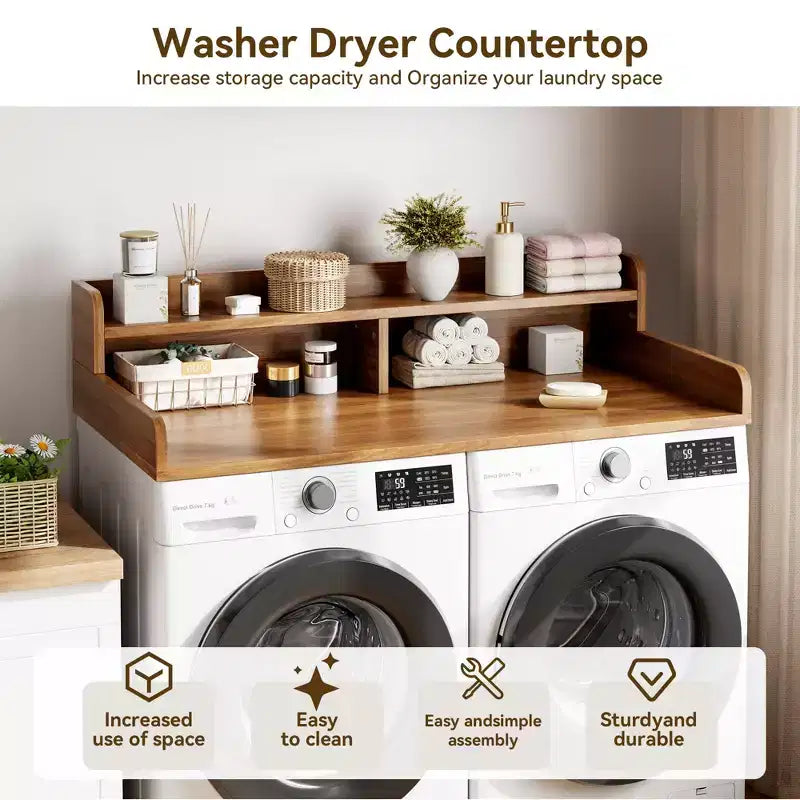 Wood Washer and Dryer Topper, 54 Laundry Countertop with 2-Tier Storage Shelf, Anti-Slip Work Surface with Guardrails for Laundry Organization