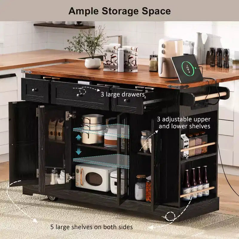 Kitchen Cart with Tempered Glass Doors, Side Racks, Power Outlet, and Drop Leaf