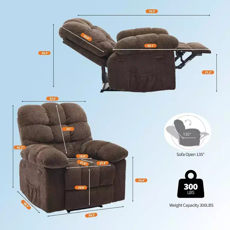 Manual recliner, ergonomic breathable fabric recliner with side pockets, single sofa, suitable for living room bedroom