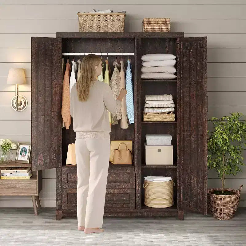 AMERLIFE 47 Farmhouse Wardrobe Armoire with 3 Doors, 2 Drawers, Hanging Rod & Adjustable Shelves, Freestanding Closet Organizer