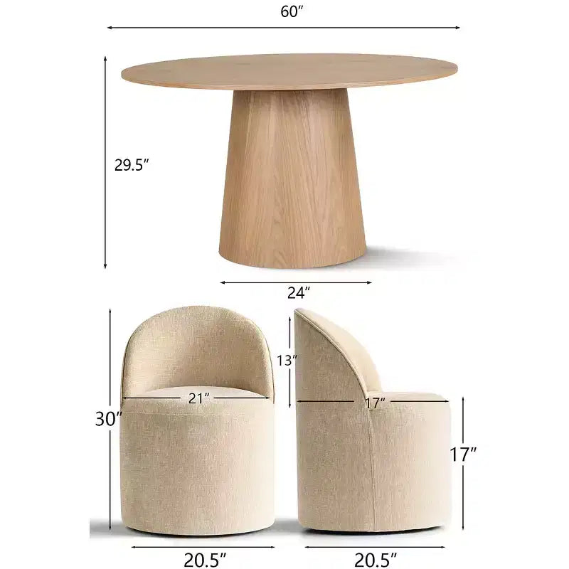 Modern Dining Table Set For 6, Round Pedestal Dining Table, Swivel Rolling Barrel Chairs With Wheels, Textured Chenille- Panipeachy