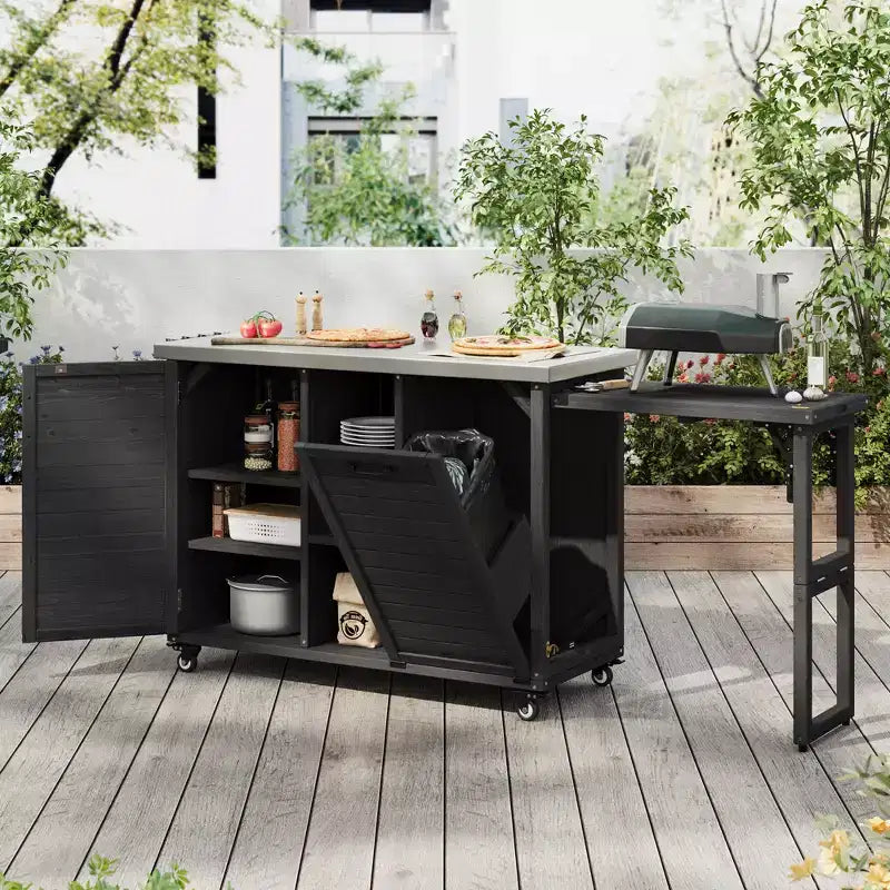 78.3-Inch Outdoor Kitchen Island with Stainless Steel Countertop, Foldable BBQ Station, and Storage Cabinets, Black