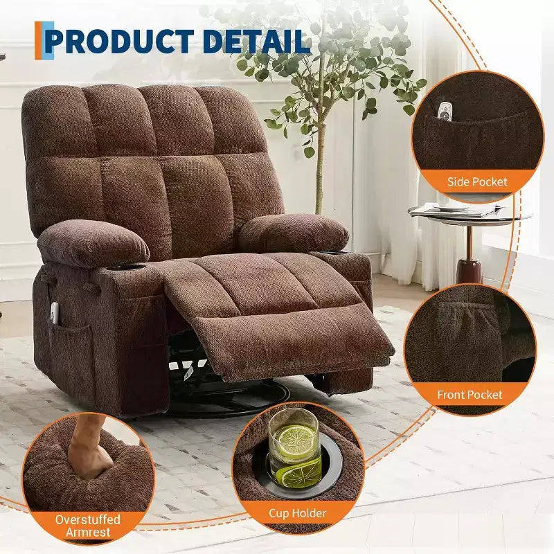 Oversized Recliner Chair for Adults, Manual Swivel Rocker Sofa, Side Pockets & Cup Holders for Big and Tall Persons, Living Room