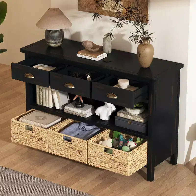 Entryway Console Table with Storage, Farmhouse Hallway Table with 3 Drawers and 3 Water Hyacinth Baskets for Living Room or Foyer - Panipeachy