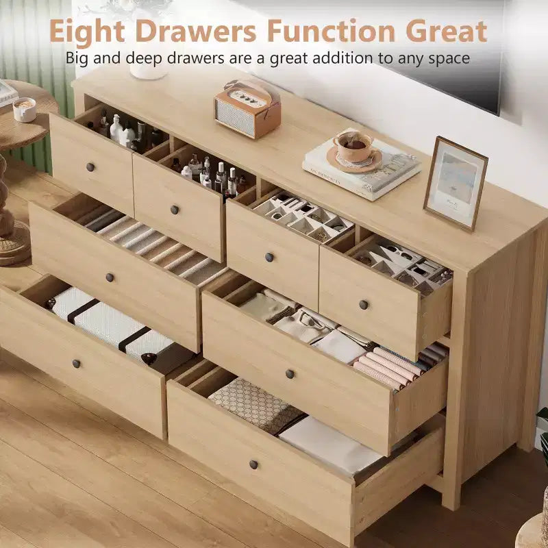 Modern 8-Drawer Dresser for Bedroom, Wide Wood Chest of Drawers with Deep Storage, Freestanding Organizer Cabinet Furniture for Living Room