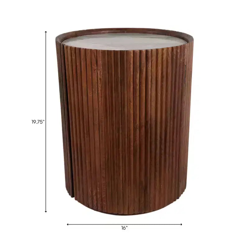 Decorative Ribbed Wooden Side Table with Marble Top and Storage - Small Home Decor Table Stand for Bedroom or Living Room Decor