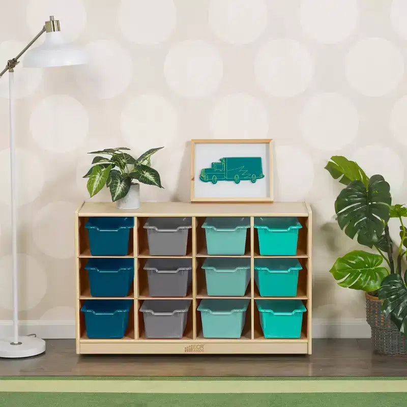 Cubby Mobile Tray Cabinet and 15 Scoop Front Bins, 3x4, Kids Furniture