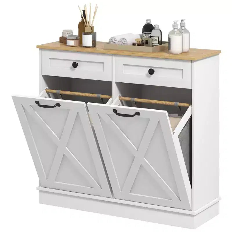 HOMCOM Tilt Out Laundry Hamper Cabinet Bathroom Storage Cabinet with 2 Removable Baskets and 2 Drawers