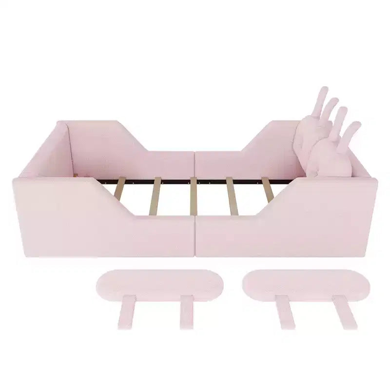 Whisen Twin Platform Bed, Kids Floor Upholstered Bed Frame with Rabbit Cushion, Removable Side Rails