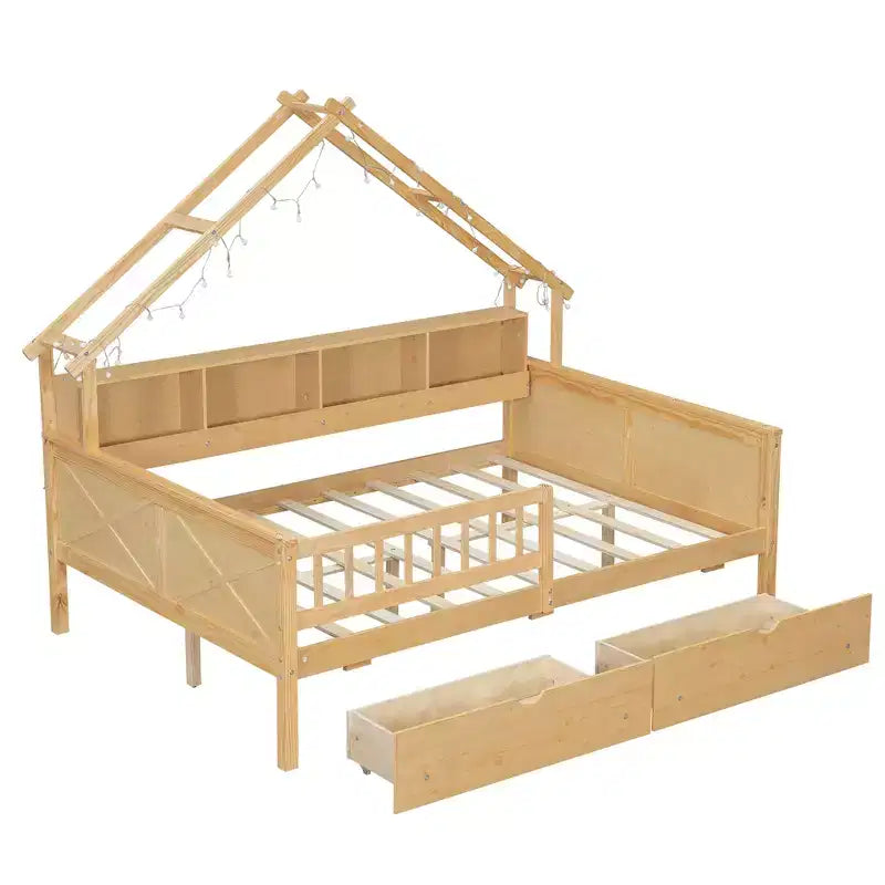 Full Size House Bed Frame with Drawers, House Platform Bed with LED Lights, Storage Shelves & Drawers, Wood Daybed with Roof and Guardrail