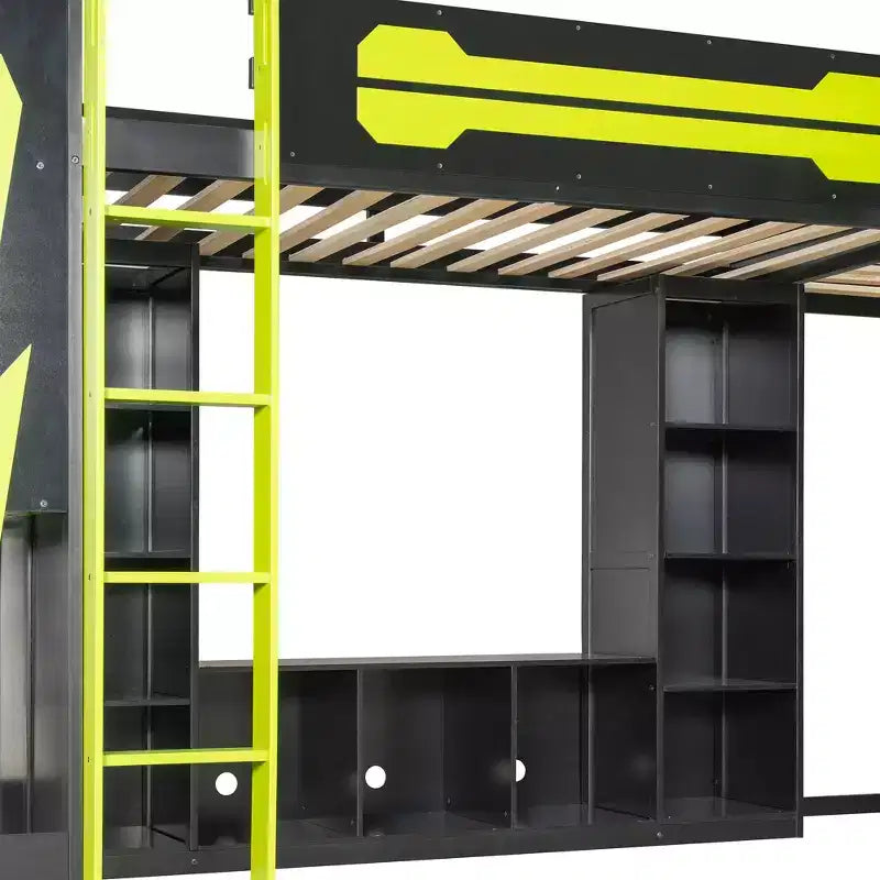L-Shaped Gaming Loft Bed with Desks, Double Twin Loft Beds with LED Lights, USB Ports, Storage Bookshelves, Wood Corner Loft Bed for 2