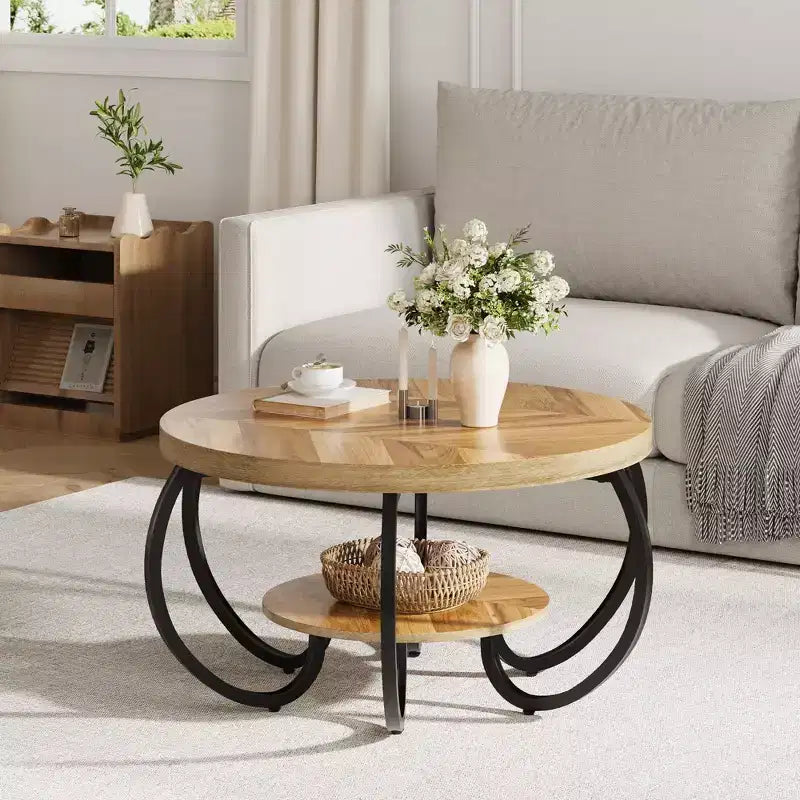 30 Inch Round Industrial Coffee Table 2-Tier with Adjustable Feet Wood Grain Shelf Flame Design Easy Assembly Living Room