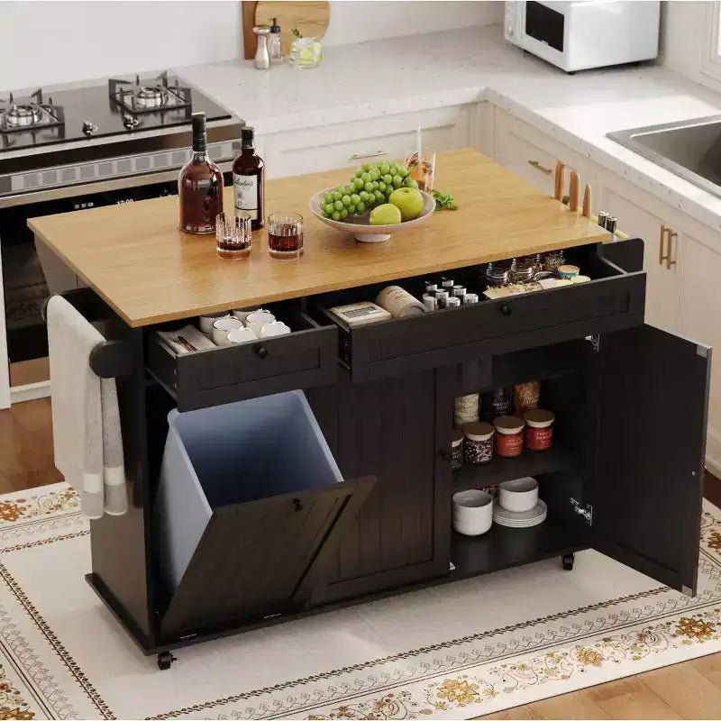 55 Mobile Island Table with Power Outlet & Drop Leaf, Kitchen Rolling Island Kitchen Island Cart with Trash Storage Cabinet for Kitchen