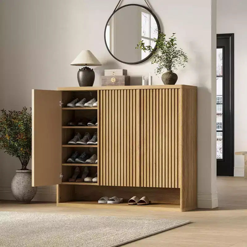 Shoe Cabinet with Fluted Door, Adjustable Shelves for Entryway Living Room