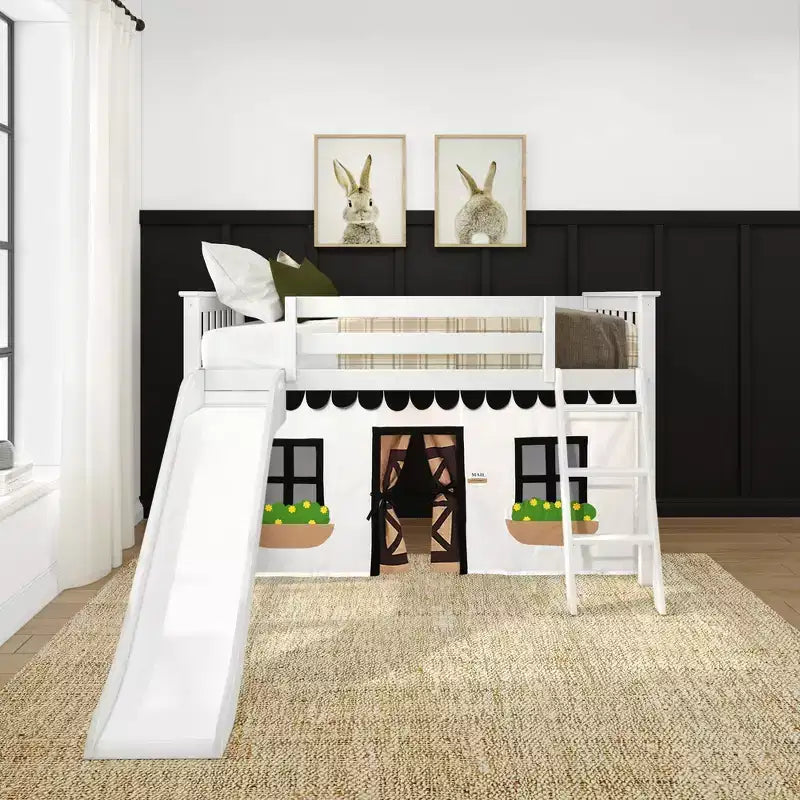 Twin Over Twin Low Bunk With Easy Slide & Black & White Farmhouse Curtain