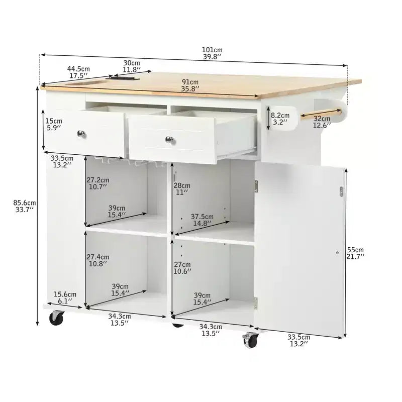 Movable Kitchen Island with Power Outlet, Drop Leaf and Rubber Wood Top