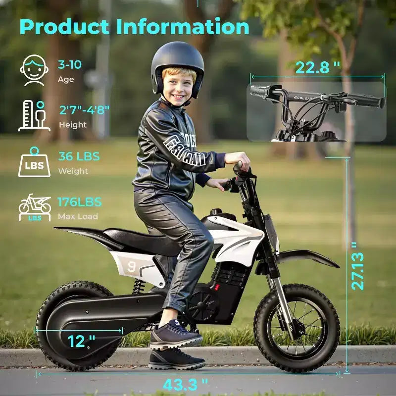 ECOLEAP K1 Kids Electric Dirt Bike 36V  16MPH Fast, 14-Mile Range, 700W Peak Motor, 3-Speed Modes, 12 Off-Road Tires, UL,Ages 3-10