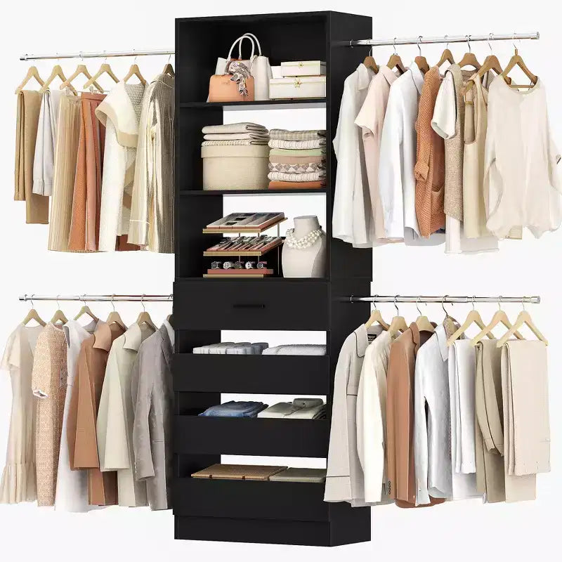 Besiost 4-9 Ft Wooden Closet Organizer System with 4 Drawers, 4 Hanging Rods & Shelving Towers