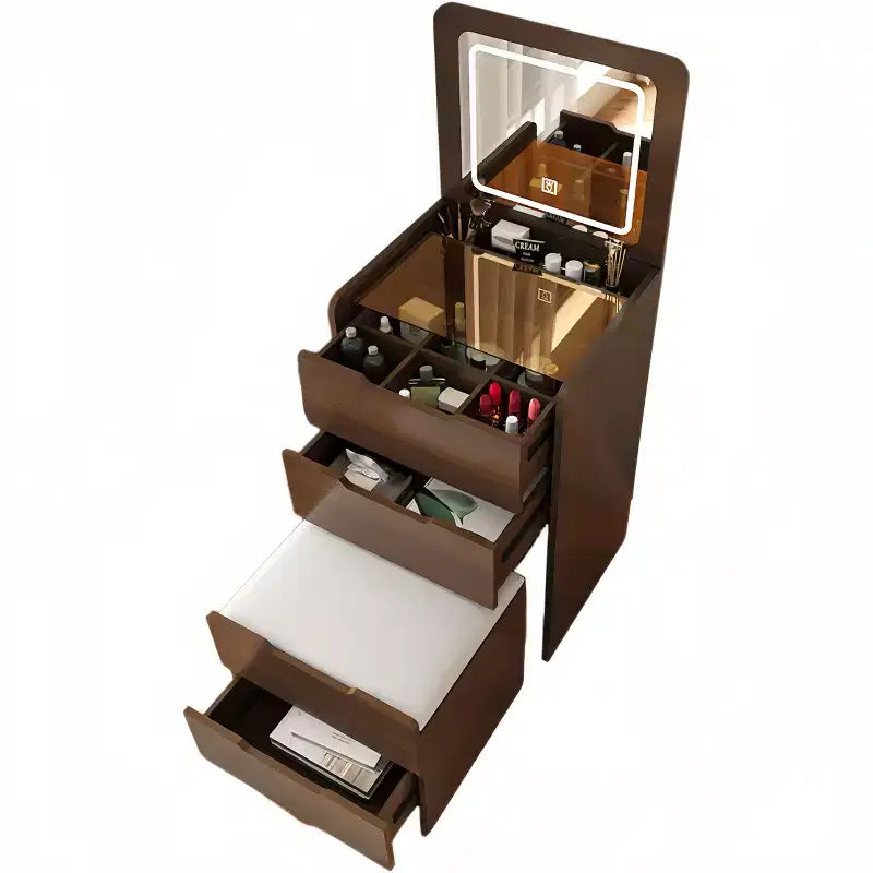 Coiffeuse 3-en-1 Okak avec miroir rabattable, coiffeuse compacte avec plateau en verre visible et tabouret rembourré, coiffeuse pour chambre à coucher