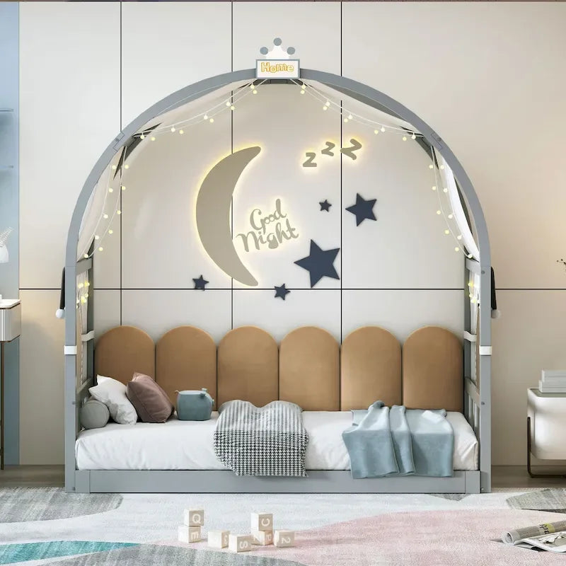 Solid Wood Playhouse Platform Bed Floor Montessori Bed Frame with Arched Roof and Trundle for Girls and Boys