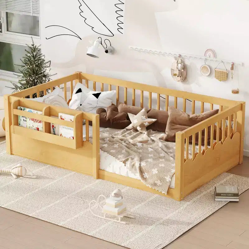 Bellemave Kids Floor Bed with Heightened Fence and Bookshelf, Wooden Twin Montessori Bed Frame for Girls Boys