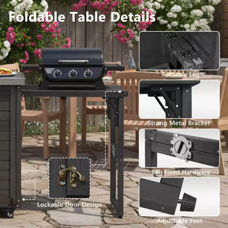 78.3-Inch Outdoor Kitchen Island with Stainless Steel Countertop, Foldable BBQ Station, and Storage Cabinets, Black