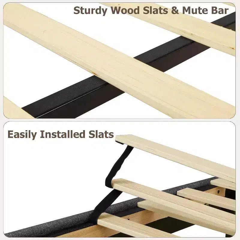 Queen Size Canopy Bed Frame with Poles 4 Corner Bed Bracket, Solid Wood Slats Support, No Box Spring Needed, Noise Free