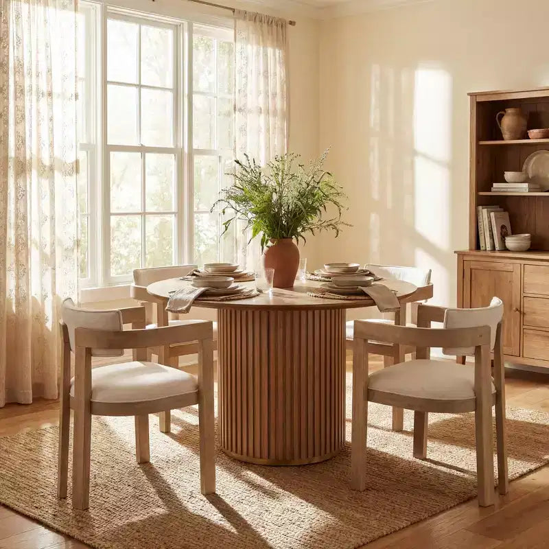 Christopher Knight Home Shankar Modern 5 Piece Round Dining Table Set with Rubberwood Upholstered Chairs