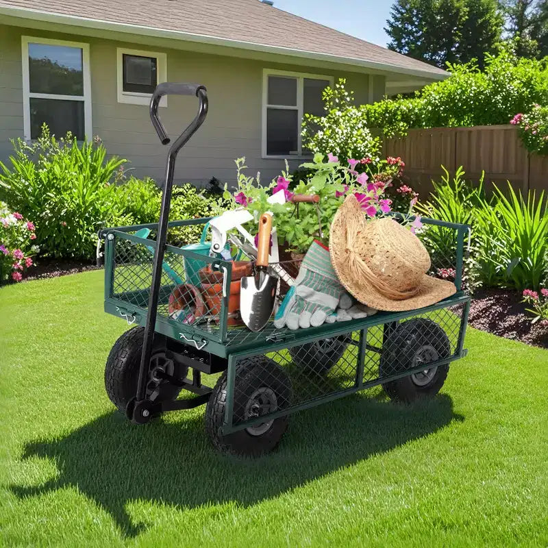 Heavy Duty Steel Garden Cart Wagon, 500 Lbs, Folding Utility Wagon with Removable Mesh Sides & Liner, 10 Pneumatic Tires, Pull Handle