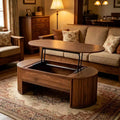 Table basse relevable de 120 cm avec compartiment de rangement caché, ovale, marron