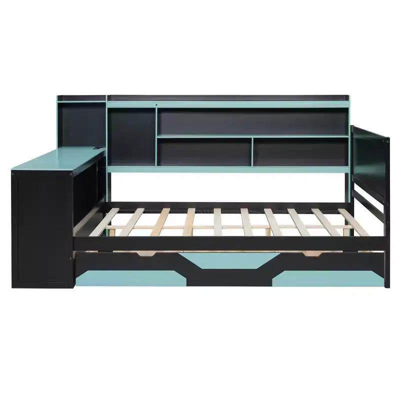 Full/Queen Gaming Daybed with Bookcase Headboard, LED Lights, Integrated Desk, Drawers and Charging Station