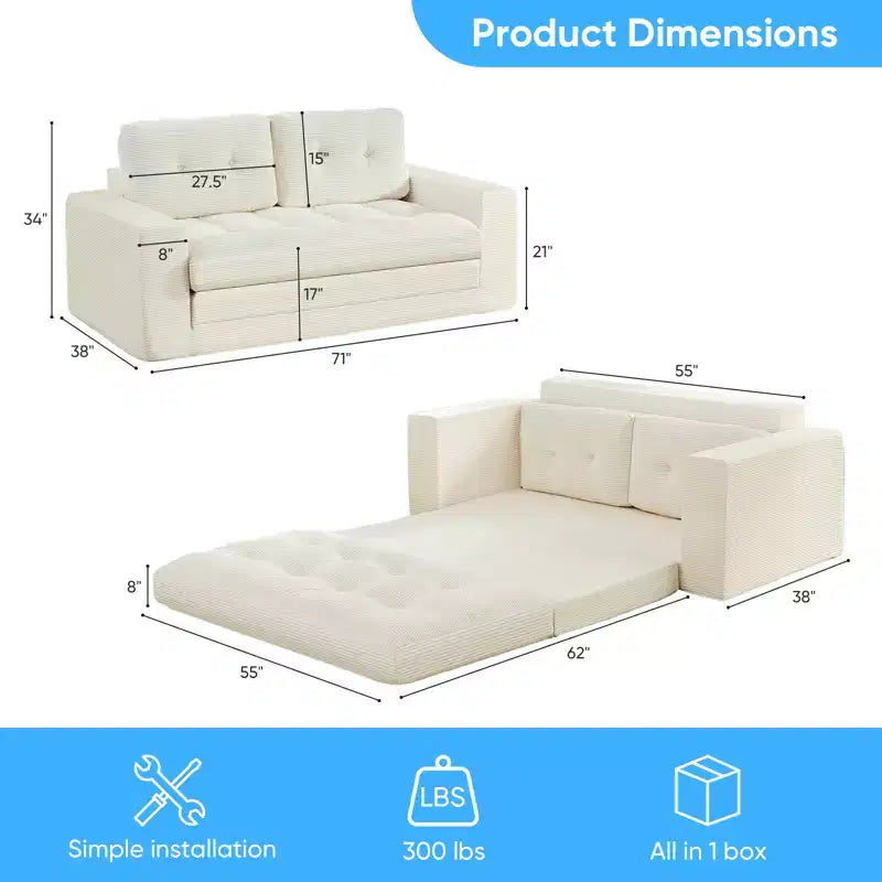 Mjkone 71'' 2-in-1 Convertible Futon Sofa Bed, Corded Fabric Foldable Tufted Buttons Loveseat Sleeper Sofa,Space-Saving