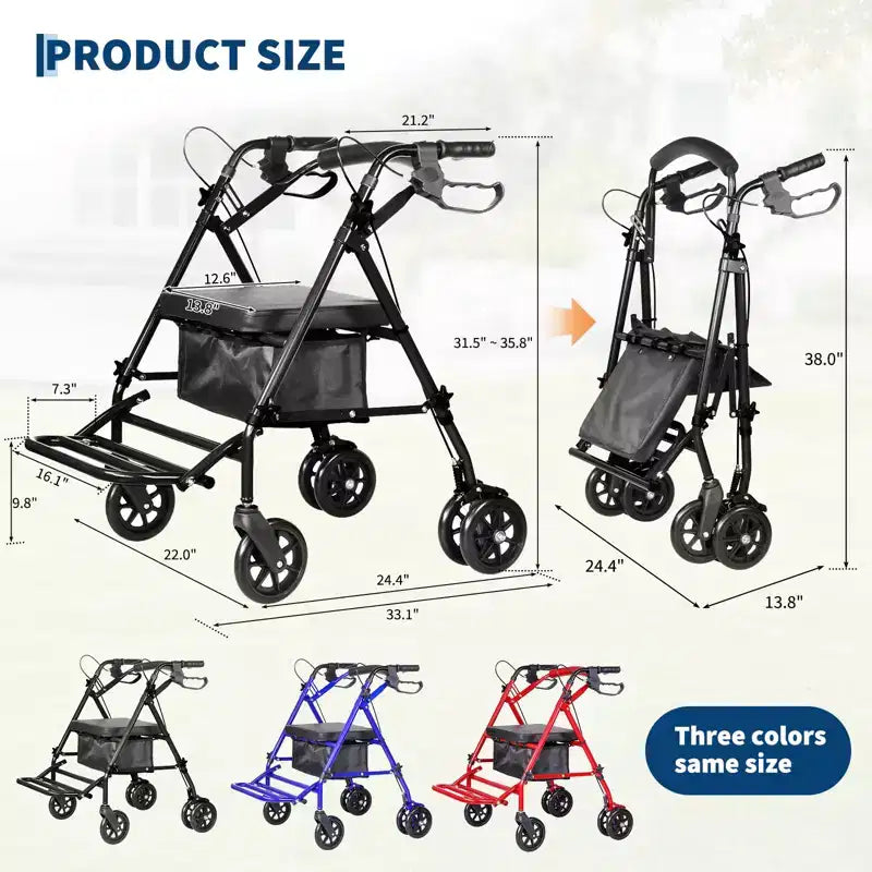 Portable Collapsible Wheelchair for Adults, 299lb Capacity, 6 Wheels, Adjustable Height, Underseat Storage, Comfortable Seat & Foot Pedal